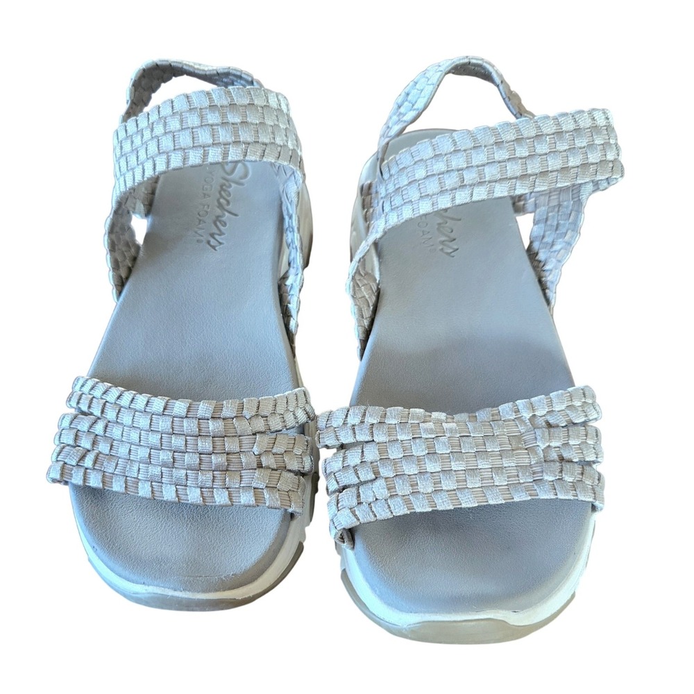 Skechers Reggae Slim Vacay Taupe Gray Woven Stretch Yoga Foam Sandals Women's 9